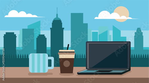 On a rooftop overlooking the sprawling city a black laptop and a mason jar of iced coffee sit ready for the days work ahead.. Vector illustration