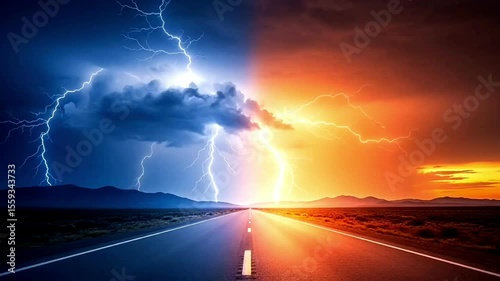 Stunning Lightning Strikes Over Desert Road at Sunset, Dramatic Storm Landscape with Electric Blue and Fiery Orange Skies, Animated, Animation Motion Graphic Video