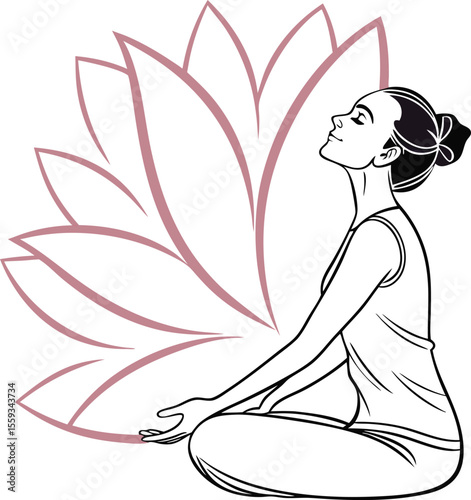 Minimalist Line Art of Woman Meditating in Lotus Pose – Flat Isometric Vector Design

