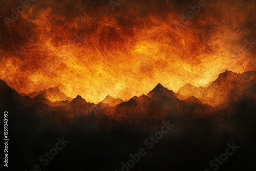 Fiery sky ablaze above silhouette mountain range. A landscape where earth and sky meet in a symphony of darkness and burning light.