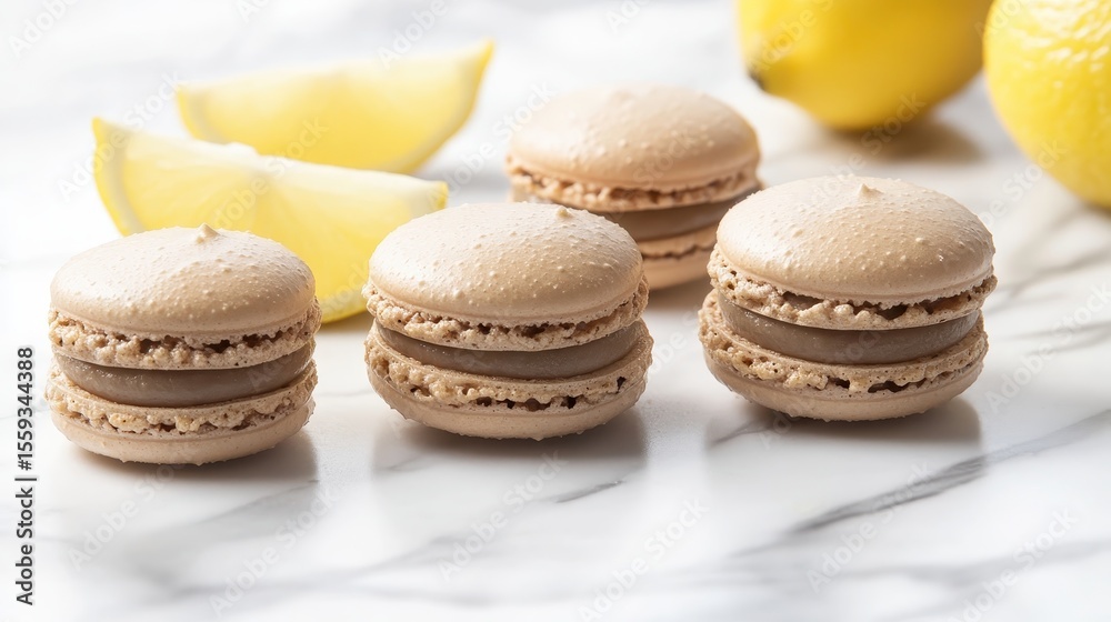Delicious macaroons with creamy filling and fresh lemon slices Delicious macaroons with creamy filling and fresh lemon slices