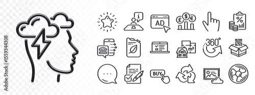 360 degrees, Mindfulness stress and Air fan line icons for web app. Glare of light effect. Message icon. Pack of Qr code, Canister, Web lectures pictogram icons. Vector