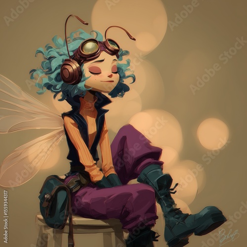 Fantasy character with wings and steampunk goggles sitting peacefully.