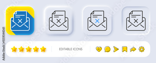Reject letter line icon. Neumorphic, Flat shadow, 3d buttons. Delete mail sign. Decline message. Line reject letter icon. Social media icons. Vector