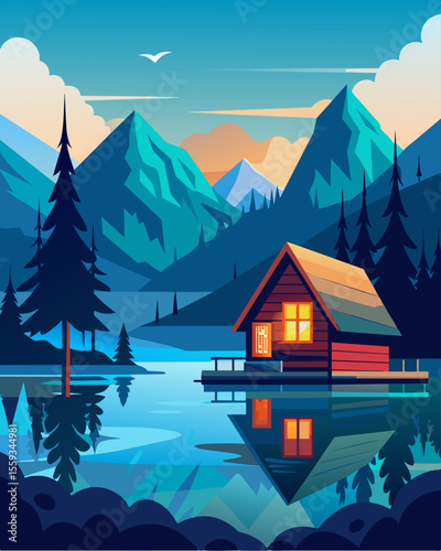 The ultimate workfromhome destination with the tranquility of a lake and the comfort of a cabin.. Vector illustration
