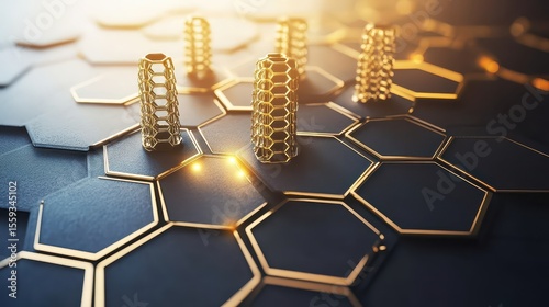 Gold Hexagonal Structures on Dark Surface with Soft Lighting Effects