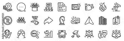 No parking, Online auction and New products line icons pack. Share, Message, Paper plane icons. Medical staff, Money, Marketing strategy web icon. Vector