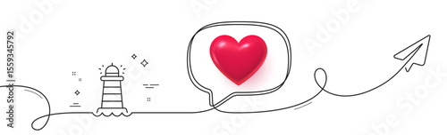 Lighthouse line icon. Continuous line with share plane. Searchlight tower sign. Beacon symbol. 3d heart in speech bubble. Lighthouse single line ribbon. Loop curve pattern. Vector