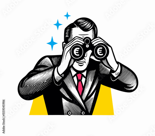 Businessman using binoculars searching for Euros