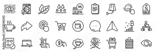 Internet shopping, Portable computer and Waterproof line icons pack. Share, Message, Paper plane icons. Bitcoin graph, Teamwork, Music phone web icon. Vector
