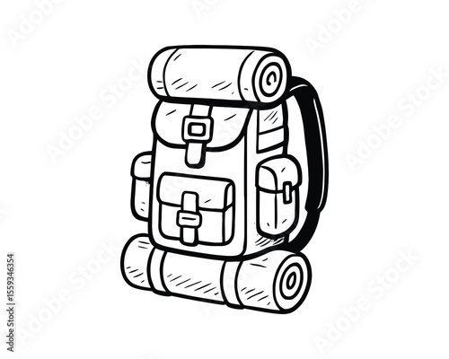 Backpack with Straps and Pockets in Black and White Line Art Style Vector Illustration