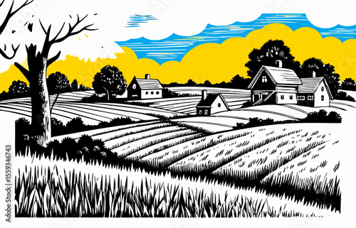 Rural Landscape: Black and White Farm Houses and Fields at Sunset
