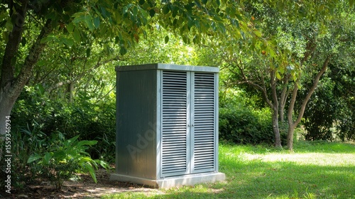 Metal utility cabinet in green park surrounded by trees and grass