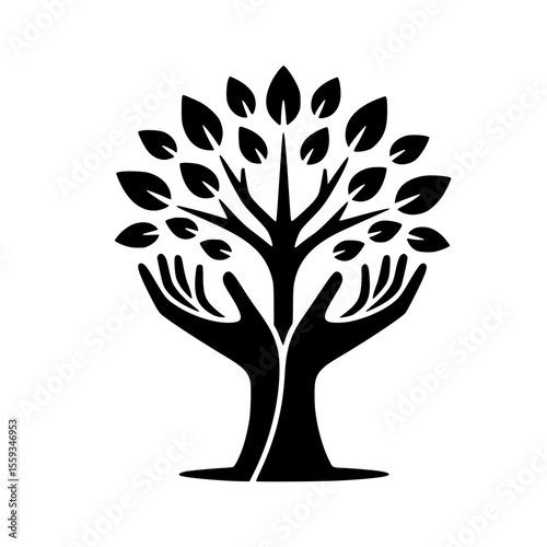 Minimalist Black SVG Silhouette of a Tree Growing Between Two Open Hands for Eco and Nature Protection Designs