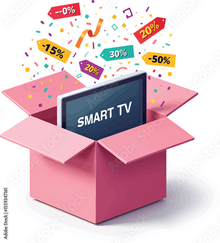 Smart tv sale discount offer promotion box with confetti and price tags online shopping deals now
