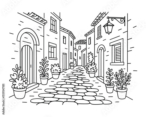 Charming Italian Street Scene Line Art Vector Illustration with Cobblestone Path and Plants