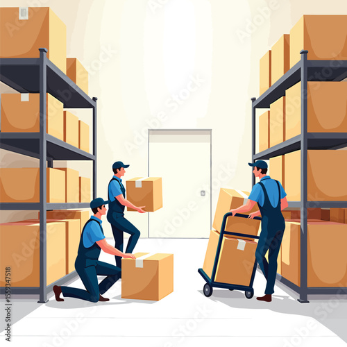 Warehouse workers moving boxes logistics and storage concept vector illustration design image