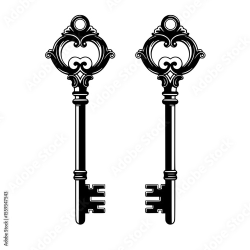Vintage ornate keys in black and white minimalistic design  