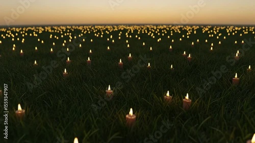 Serene field of glowing candles at sunset