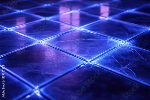 A futuristic floor made of square tiles, illuminated with vibrant blue and purple neon lighting accents creating abstract geometric patterns.
