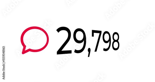 Video of ascending number counting up to 1 million with a red comment bubble icon increasing on a white background with slight movement