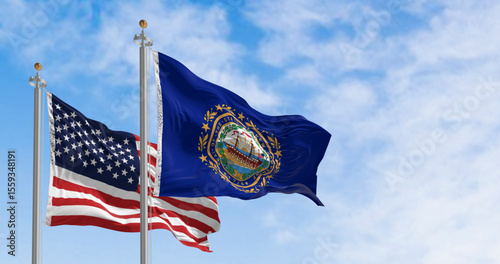 Cuadro en lienzo New Hampshire and National US flags waving in the wind on a clear day