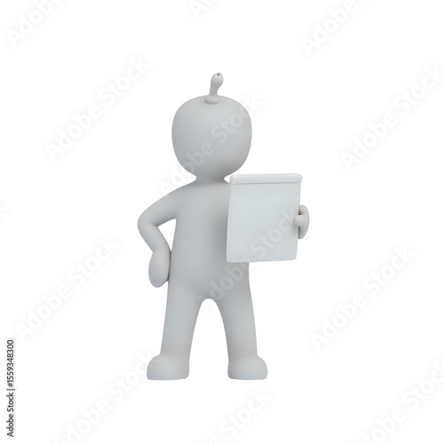 White stick figure holding blank sign template for message board or presentation design on transparent background