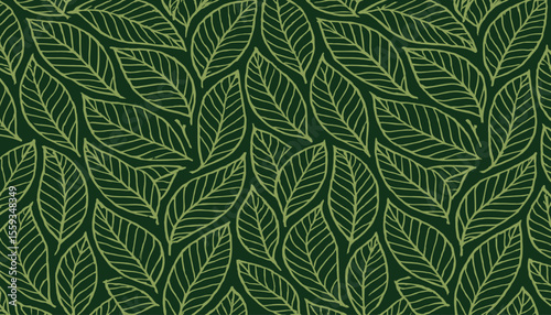 Dark Green Leaf Pattern Vector Background with Line Art Style for Textile and Design