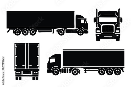 Detailed Black Silhouette of a Semi-Truck in Multiple Views for Logistics and Transport