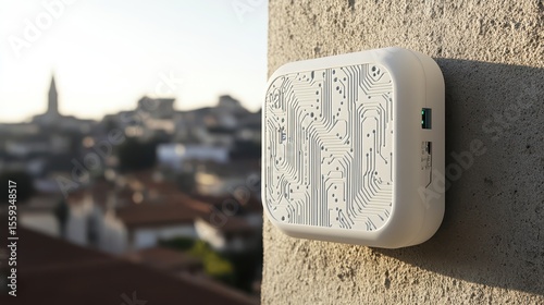 Modern Technology Device Attached to Wall with Urban Background