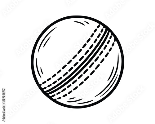 Detailed Cricket Ball Illustration with Stitching and Texture in Black and White Vector