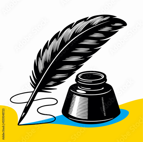 Black Quill Pen and Inkwell: Vintage Writing Illustration
