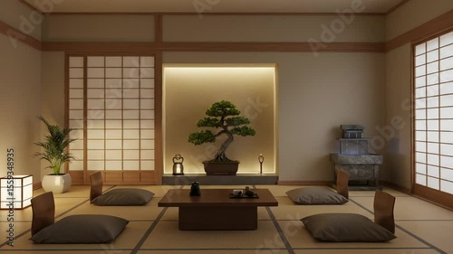 Serene Japanese Interior with Bonsai and Tatami Seating