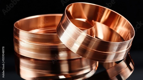 Polished Copper Rings on Black Background with Reflective Surface