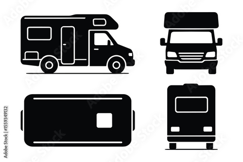 Detailed RV Camper Silhouette Vector Illustration with Various Perspectives and Style