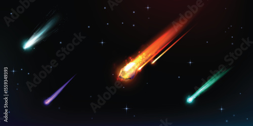 Falling asteroid or comet different colors with fire trail, realistic vector flying burn meteorites in space, starry sky