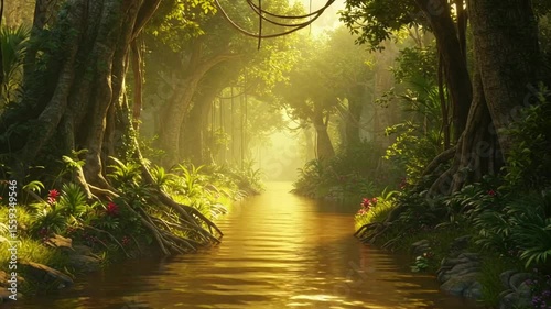 Serene Jungle River with Sunlight and Lush Flora