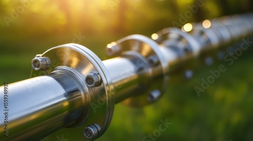 Sleek Metal Pipe Close-Up in a Lush Green Outdoor Setting
