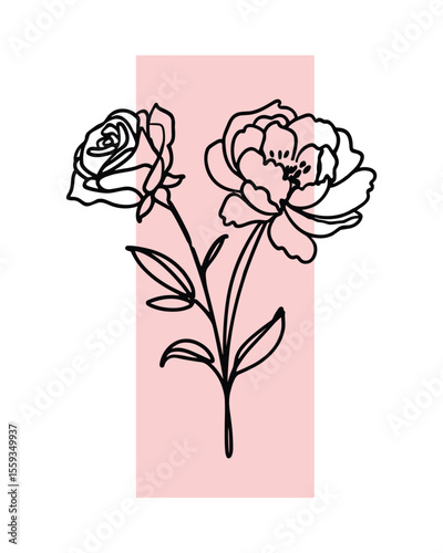 Elegant Floral Line Art with Rose and Peony on Pastel Background for Creative Projects