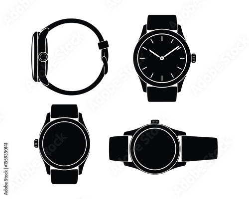 Elegant Wristwatch Silhouette Vector Illustration with Front, Back, and Side Views