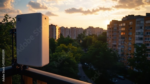 Sunset Over Apartment Buildings with a Modern Antenna Installation