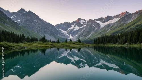Serene Mountain Lake Reflecting Peaks at Dawn