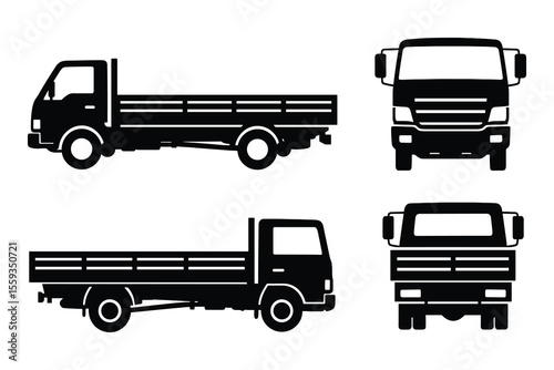 Flatbed Truck Silhouette Collection for Hauling Materials in Black and White Style