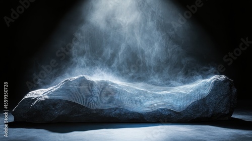 Surreal Rock Formation with Ethereal Light and Mist Effects