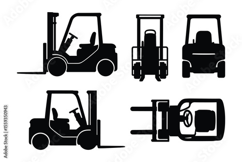 Forklift Silhouette Set Six Views Industrial Vehicle Design Element Transportation