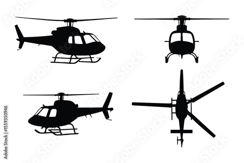 Four Black and White Helicopter Silhouettes Isolated on a White Background Design