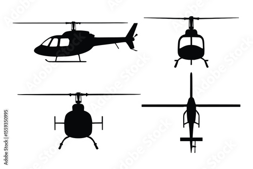 Four Black and White Helicopter Silhouettes Isolated on a White Background Design