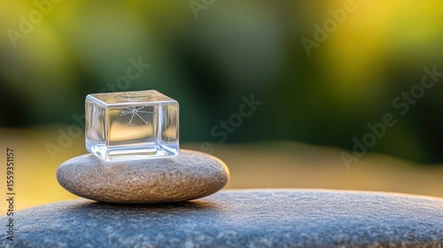 Transparent Crystal Cube with Spider Pattern on Smooth Stone Surface