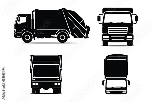 Garbage Truck Silhouette Vector Illustration with Detailed Design and Multiple Angles