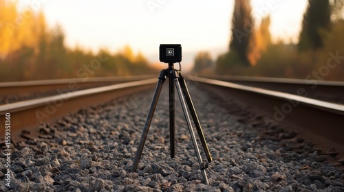 Tripod on Railroad Tracks Surrounded by Nature at Sunset